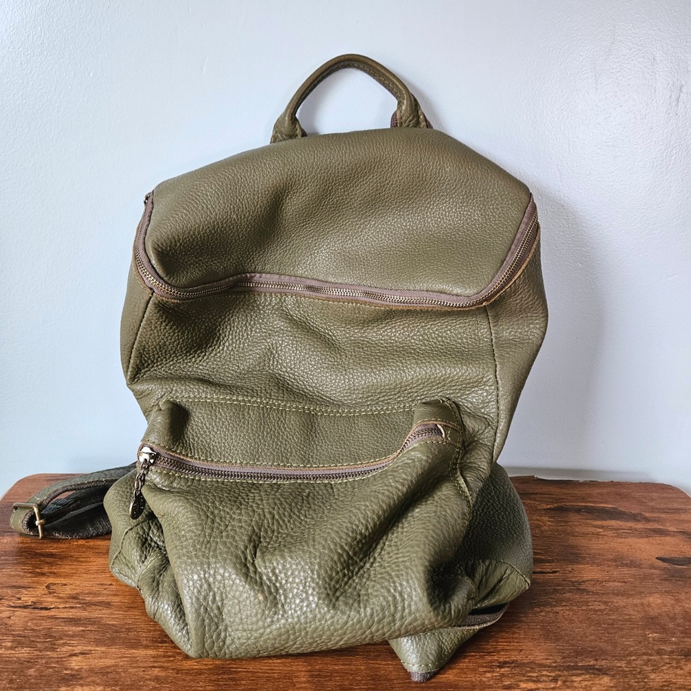 Saera Slouchy Olive Green Pebbled Genuine Leather Backpack Bag Brass Hardware